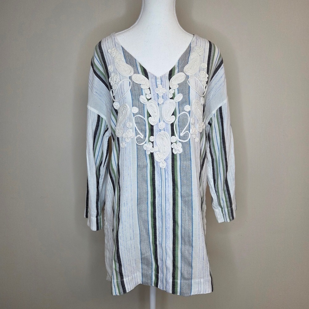 Soft Surroundings Womens XS Striped Embroidered V-Neck Tunic Top Blue Green